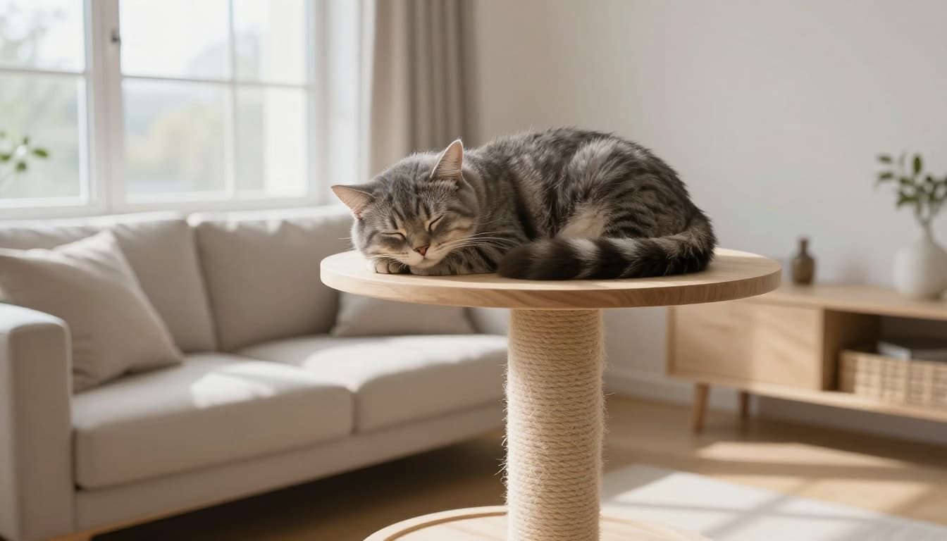 A fluffy grey tabby cat sleeps peacefully curled up on a high stable wooden perch of a premium Meowood-style minimalist cat tree in a bright Scandinavian living room with natural daylight.