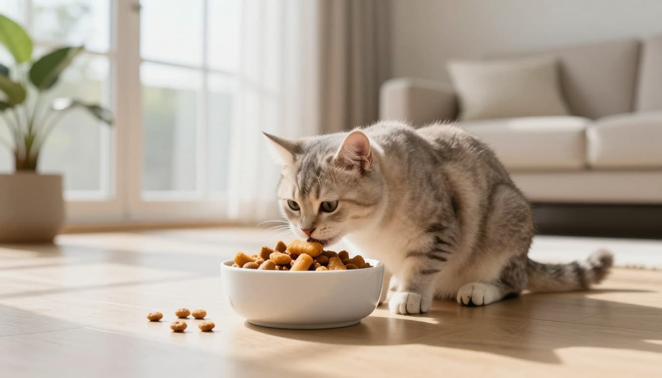 A young playful kitten with soft fluffy fur eats dry cat kibble from a modern white ceramic bowl on a light wooden floor in a bright minimalist Scandinavian living room with natural light.