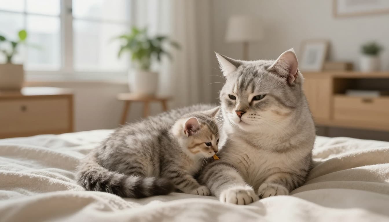 A small fluffy kitten gently kneads the belly of its mother cat on a soft beige blanket in a bright Scandinavian living room with natural light. The mother cat appears relaxed with half-closed eyes, capturing a warm cozy atmosphere in premium lifestyle photography style.