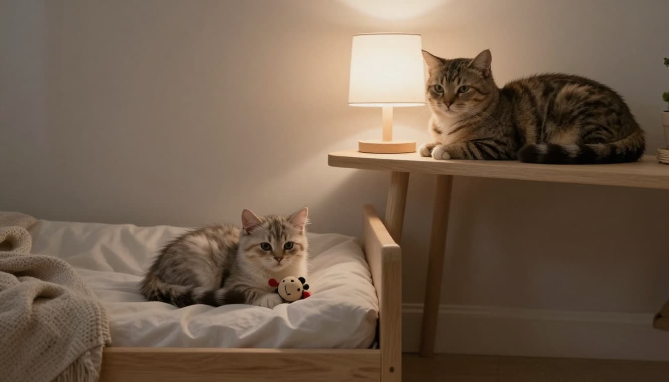 A small fluffy kitten curls up with a toy in a cozy bed nook while an older cat rests on a perch in a minimalist Scandinavian bedroom with warm lamp light and neutral tones.