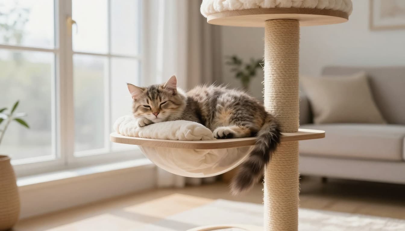 A young fluffy kitten rests peacefully on a wide platform of a premium solid wood cat tree in a bright Scandinavian living room with natural light.