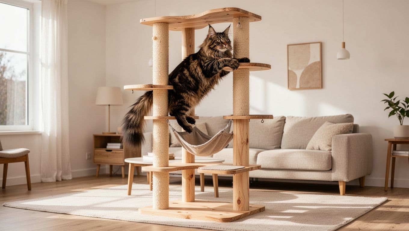 A large adult Maine Coon cat with fluffy brown tabby coat climbs and lounges on a tall sturdy light wood cat tree in a modern Scandinavian living room with natural light and cozy mood.