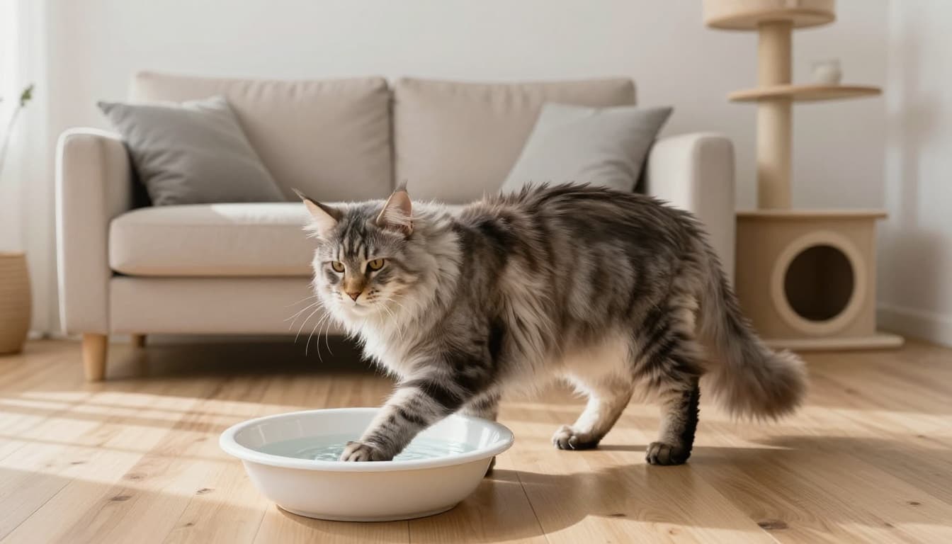 A large fluffy Maine Coon cat stands confidently near a shallow basin of water on the floor of a modern Scandinavian living room, one paw gently touching the water with a curious expression.