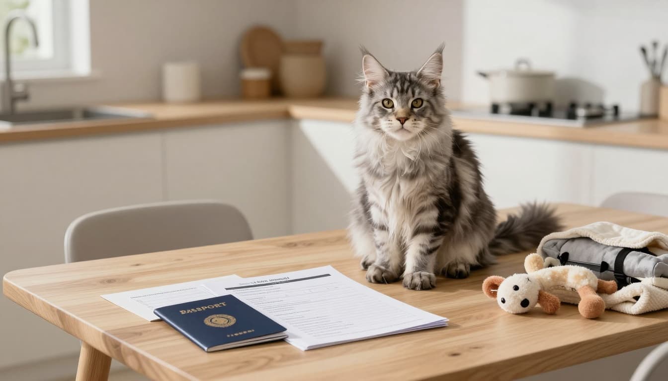A healthy fluffy Maine Coon kitten with large paws sits calmly on a light wooden table next to an open veterinary passport, vaccination record, and adoption starter kit in a bright Scandinavian kitchen.