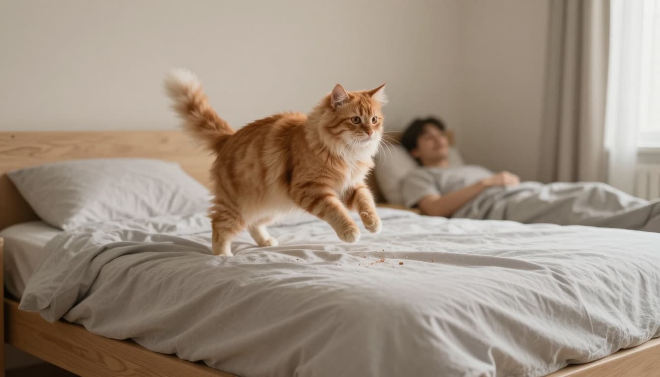 In a bright Scandinavian bedroom, a fluffy orange cat jumps playfully onto a rumpled light gray bedsheet on a wooden bed frame, with a sleepy person in the background.