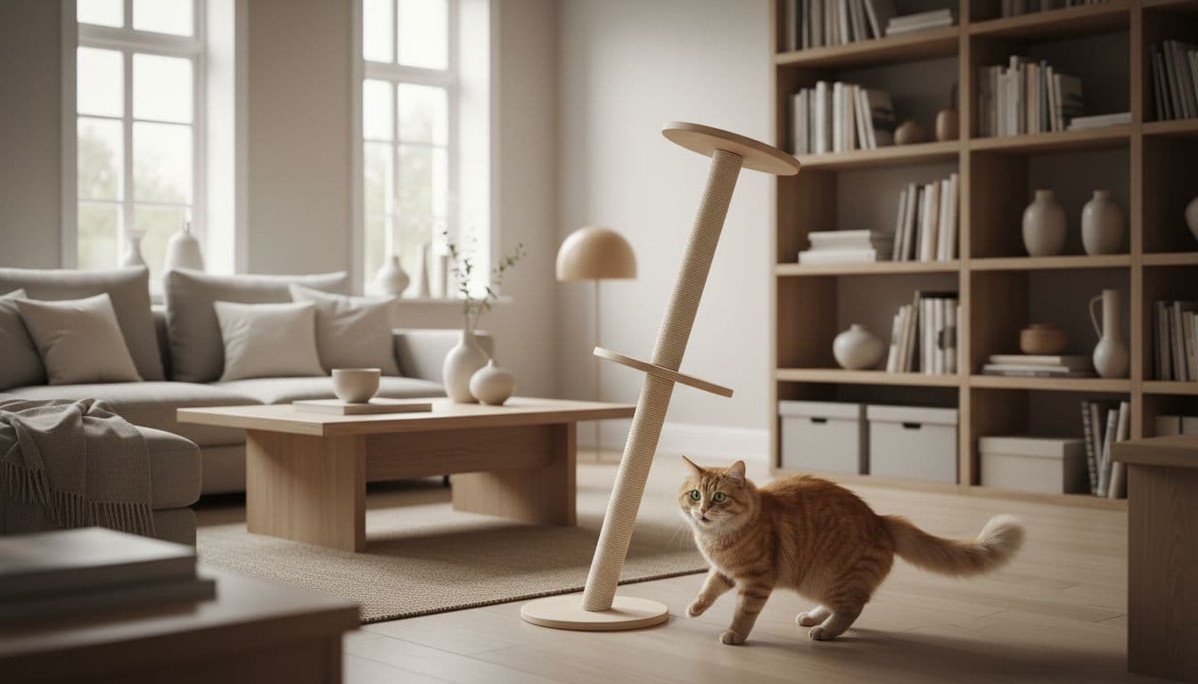 Cozy Scandinavian living room with a fluffy orange cat cautiously testing the top of a wobbly cat tree, jumping down alarmed amid minimalist light wood and neutral tones.