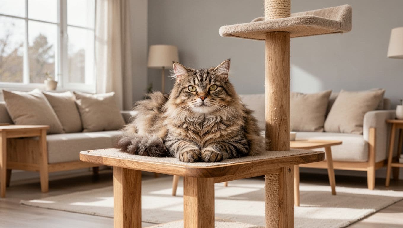 A fluffy male domestic shorthair cat rests comfortably and alert on a wooden cat tree platform in a bright Scandinavian living room after castration recovery. Minimalist decor with natural daylight, cozy neutral tones, and a relaxed modern mood.