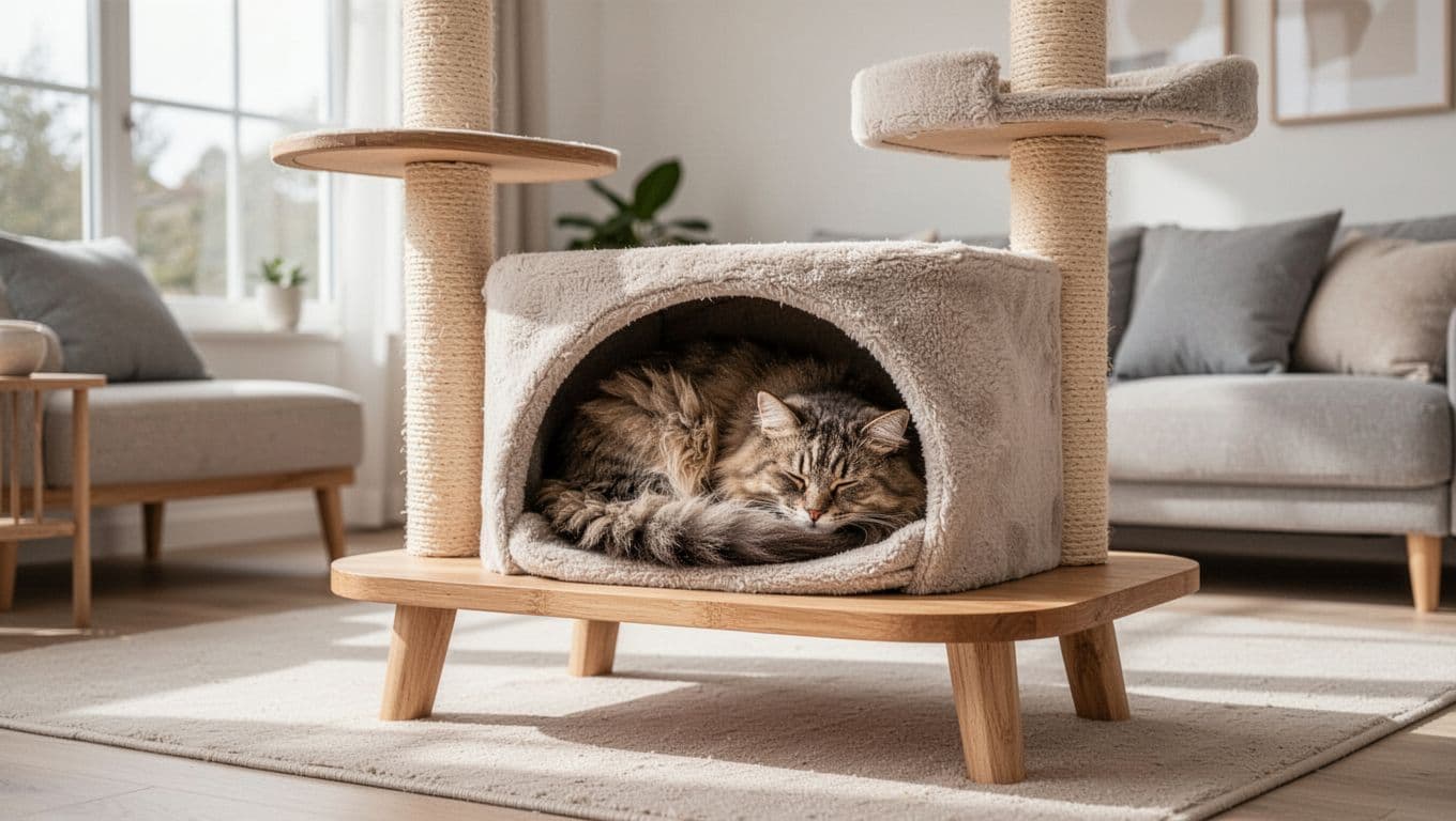 A fluffy domestic shorthair cat curls up sleepily in a cozy hiding spot on a low wooden cat tree platform in a bright Scandinavian living room with minimalist neutral decor and natural light.