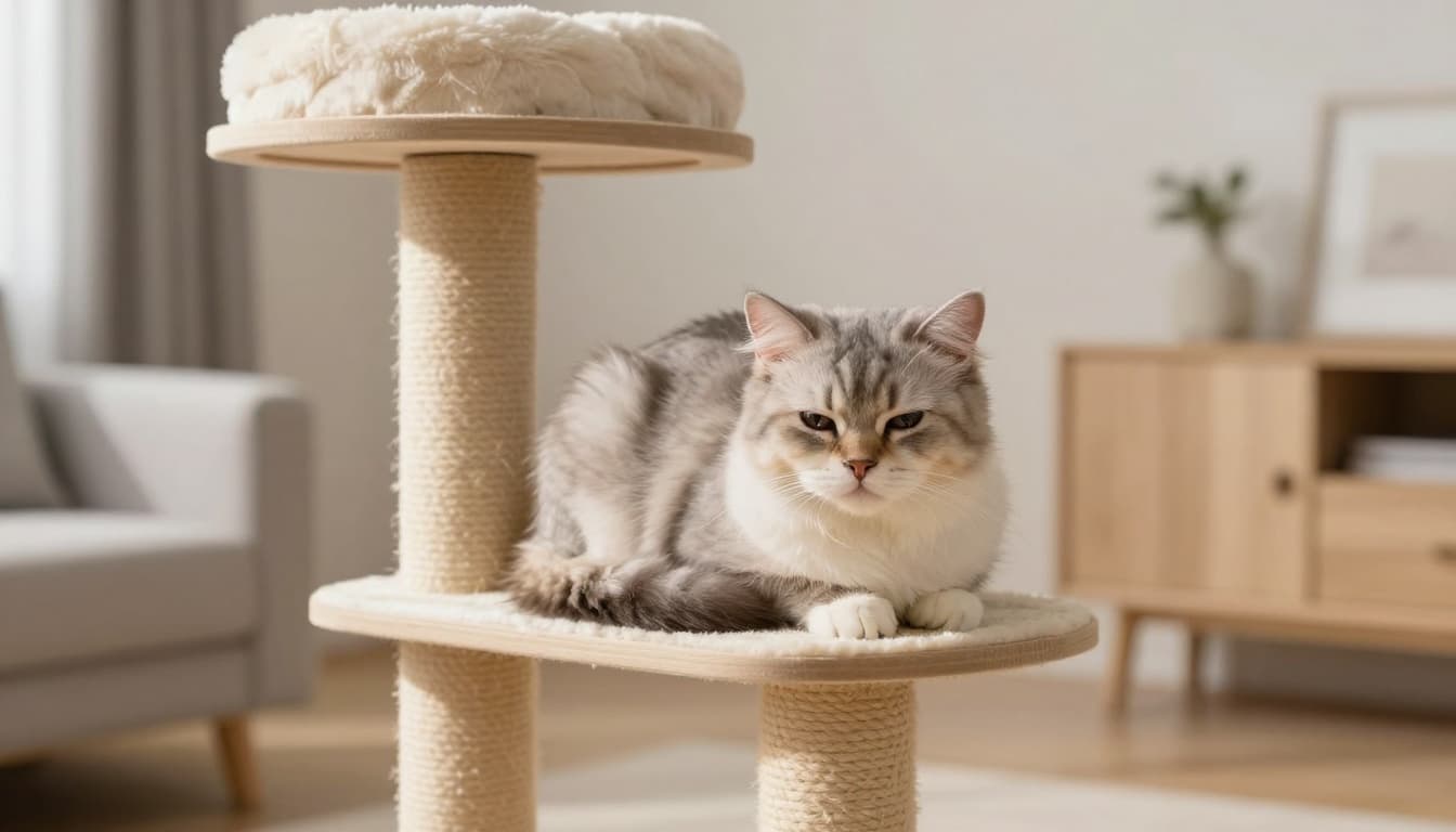 A fluffy cat curled up on a stylish multi-level cat tree in a modern minimalist living room, displaying mild illness signs like watery eyes and lethargy amid neutral tones and natural daylight.