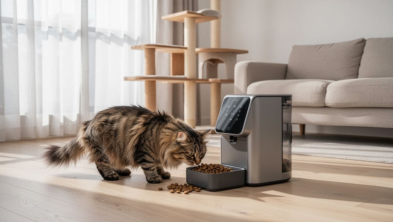 An adult tabby cat with fluffy fur eats kibble from a sleek modern automatic pet feeder in a bright minimalist Scandinavian living room with natural light and cozy decor.