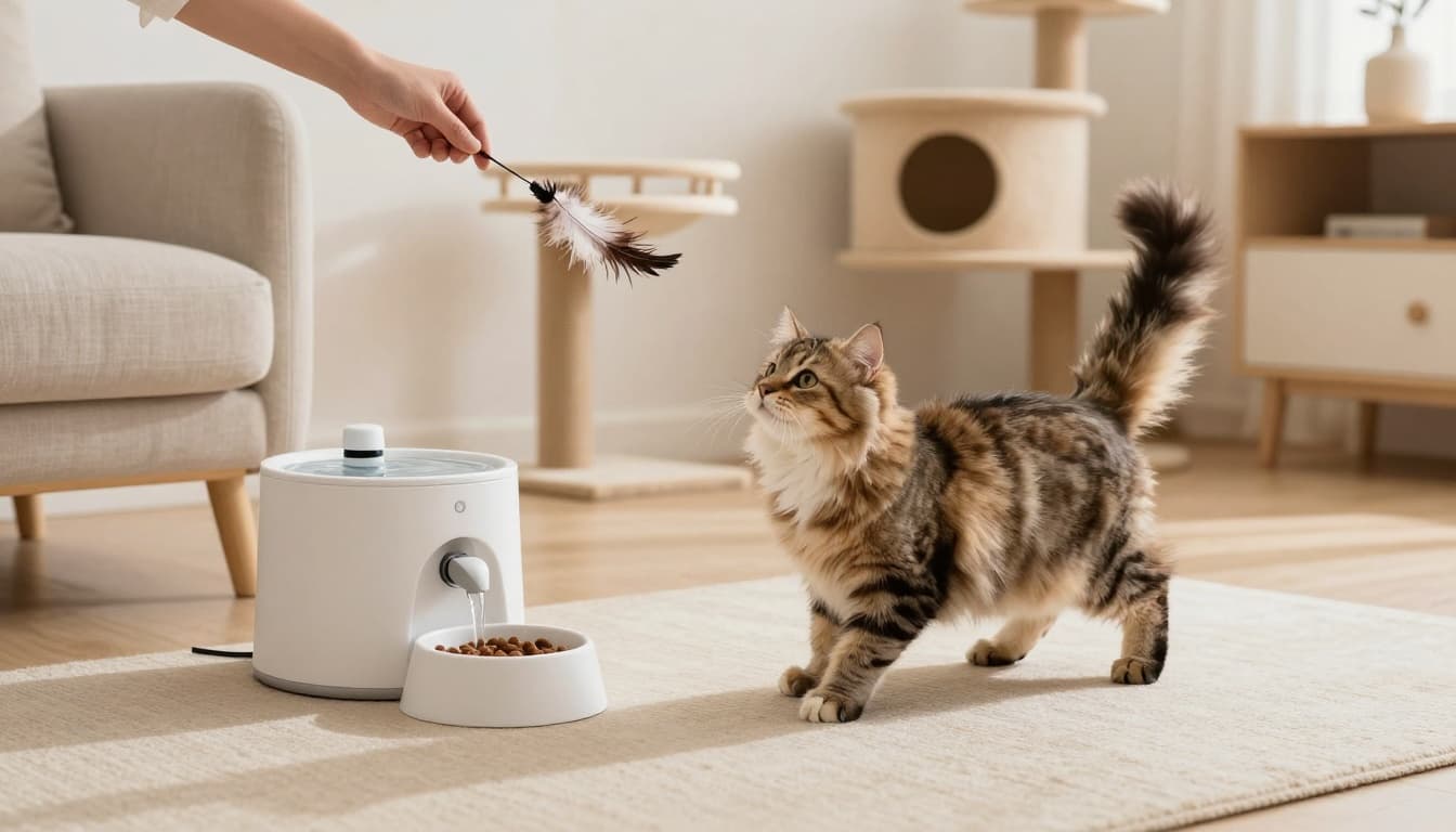 A fluffy tabby cat excitedly plays with a feather toy in a bright modern Scandinavian living room, featuring a food bowl, water fountain, beige cushions, light wood furniture, and a Meowood cat tree in the background.