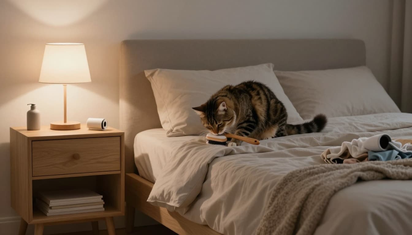 A fluffy tabby cat grooms itself contentedly on the edge of a neatly made bed in a minimalist Scandinavian bedroom at dusk, with grooming brush, lint roller, and laundry basket nearby, highlighting hygiene and care.