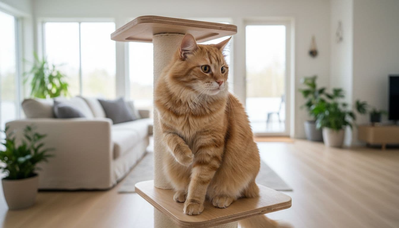 A close-up of a fluffy tabby cat grooming its ruffled fur on a light wooden cat tree in a bright, minimalist Scandinavian living room bathed in natural light. The cat gazes thoughtfully toward the door with subtle anxiety amid cozy decor.