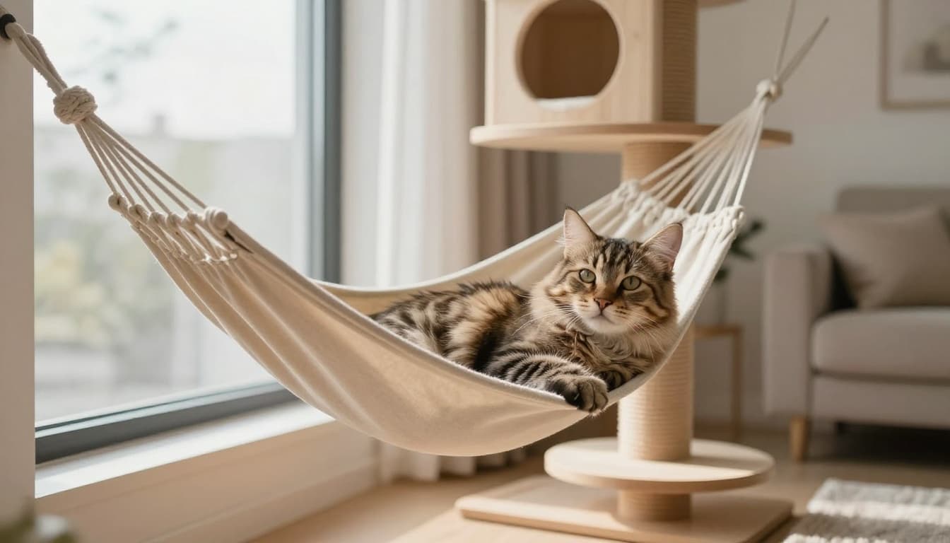 A premium lifestyle photo featuring a large fluffy tabby cat relaxing comfortably in a hammock cat bed on a wooden cat tree in a bright, minimalist Scandinavian living room with natural light.