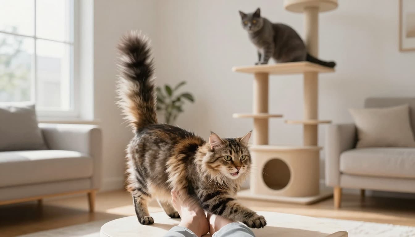 A sociable fluffy tabby cat rubs happily against a person's legs in a bright modern Scandinavian living room, while an independent sleek grey cat observes calmly from the top platform of a tall elegant Meowood cat tree.