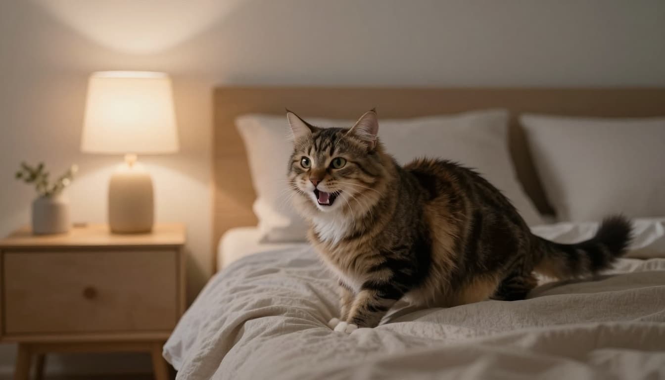 A fluffy tabby cat meows insistently on a bed in a cozy Scandinavian bedroom at night, with soft lamp light casting warm glows and minimalist decor in neutral tones.