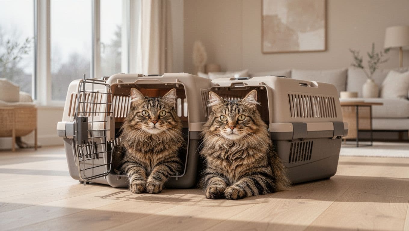 Exactly one adult fluffy tabby cat sits relaxed next to a sturdy pet carrier with open door on a light wooden floor in a bright modern Scandinavian living room with soft natural light and minimalist beige decor.