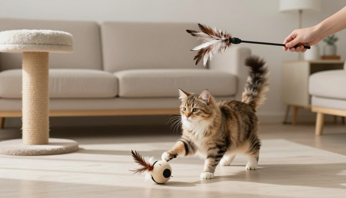 A fluffy tabby cat energetically plays with a feather wand toy held safely, kicking a plush kicker toy nearby in a bright modern Scandinavian living room with natural sunlight.