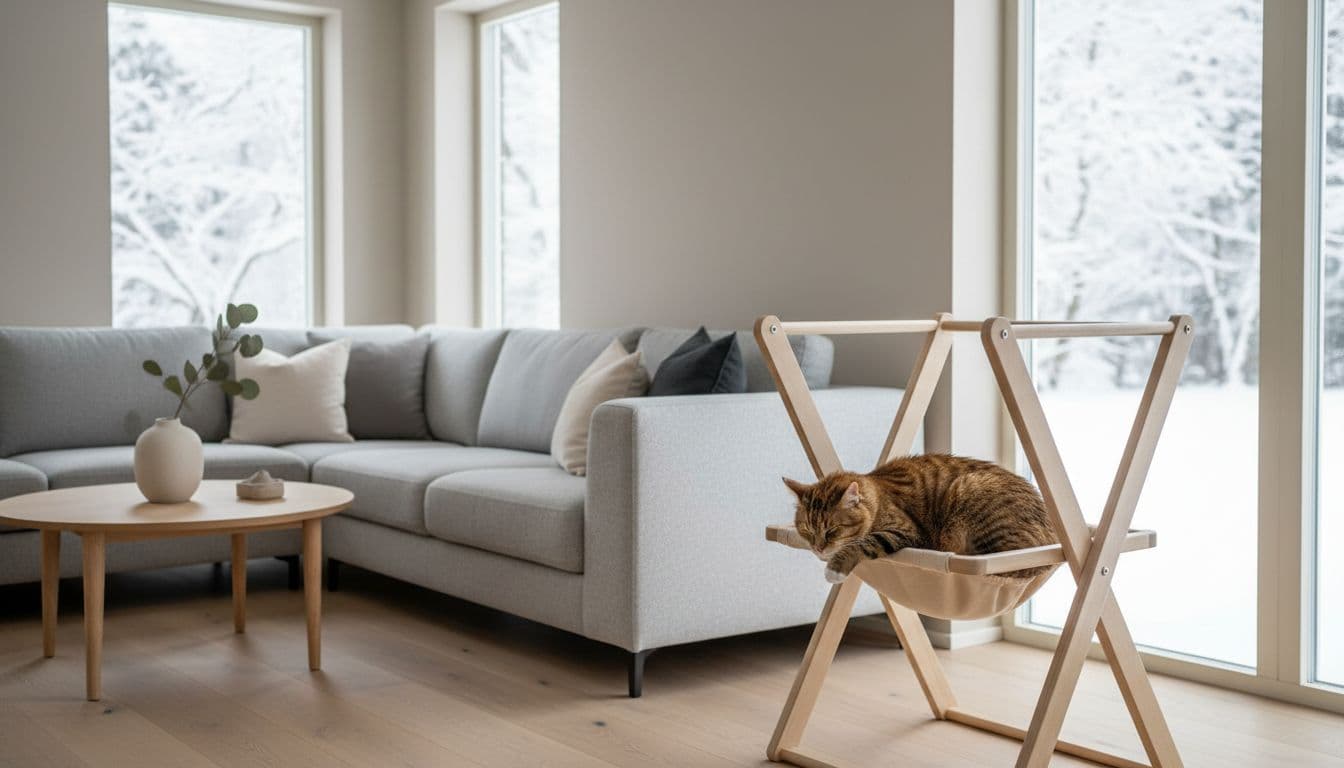 A fluffy tabby cat curls up deeply asleep in the hammock of a wooden cat tree in a bright, minimalist Scandinavian living room, with winter snow falling outside the window.