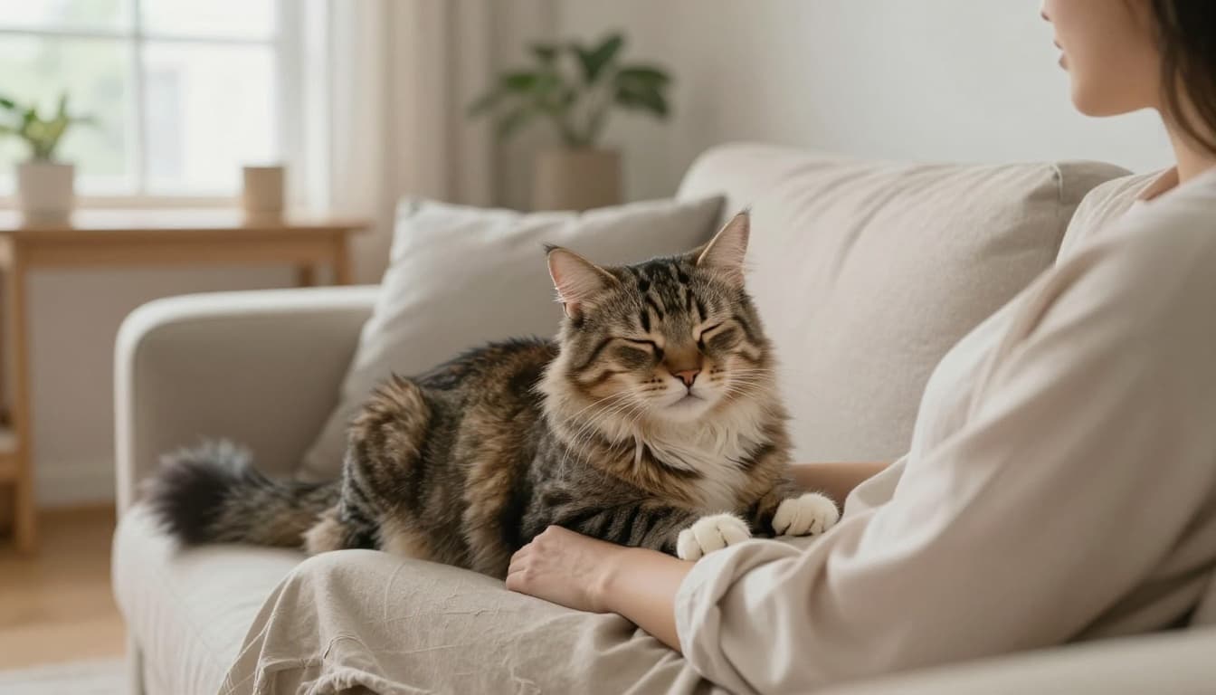 A fluffy tabby cat slowly blinks at a person on a beige sofa in a bright Scandinavian living room with natural light, minimalist decor, and cozy neutral tones.
