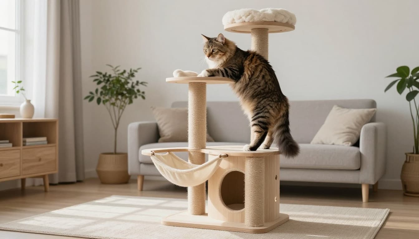 A fluffy tabby cat climbs and relaxes on a robust, stylish cat tree integrated into a bright, minimalist Scandinavian living room with neutral tones, light wood furniture, plants, and soft natural daylight.