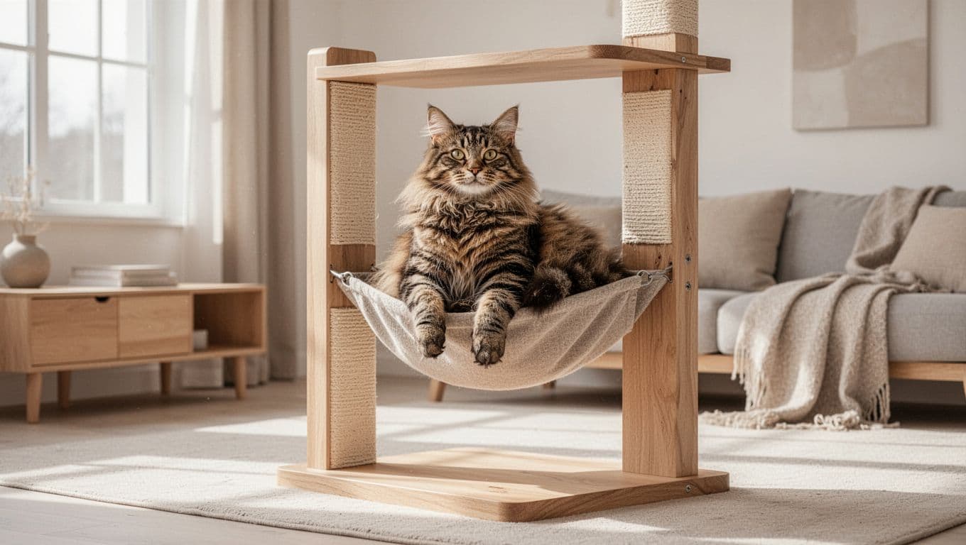A relaxed fluffy tabby cat perched on a sturdy wooden scratching post with hammock in a bright modern Scandinavian living room with minimalist decor and neutral colors.