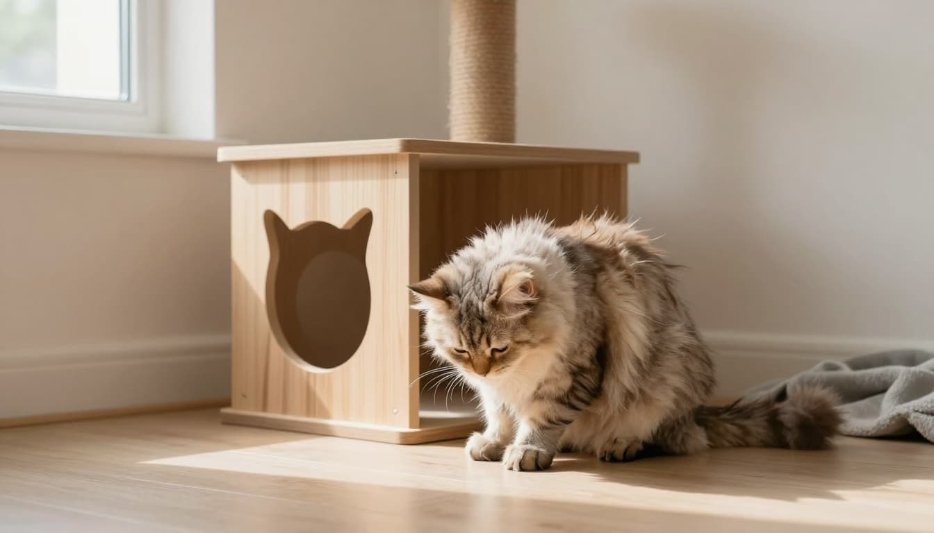 A fluffy cat with unkempt fur and hunched posture sits low beside a wooden cat tree in a minimalist Scandinavian home, showing signs of discomfort and neglected grooming under bright natural light.