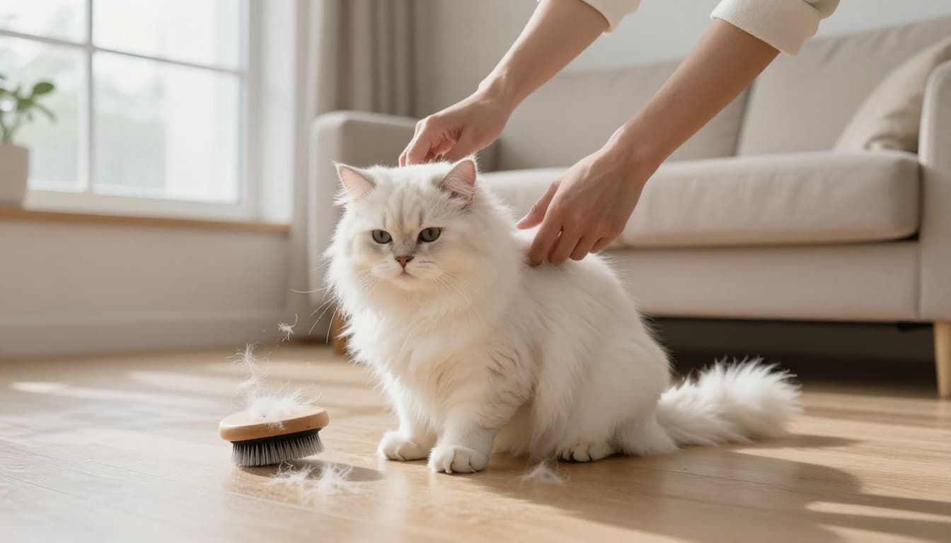 A long-haired fluffy white cat is gently brushed by human hands in a sunny Scandinavian living room, shedding fur visibly on the brush and light wood floor.