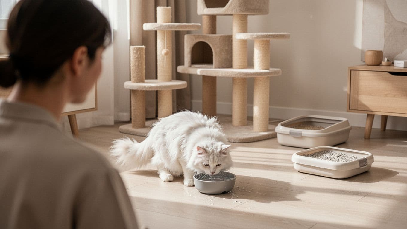 A single fluffy white cat in an active, alert pose drinks from a water bowl on the floor of a bright modern Scandinavian home with beige tones, light wood, and elegant cat tree, while a blurred person observes from behind. The serene scene suggests home monitoring with a clean litter box nearby, natural light, and depth of field focusing on the cat.