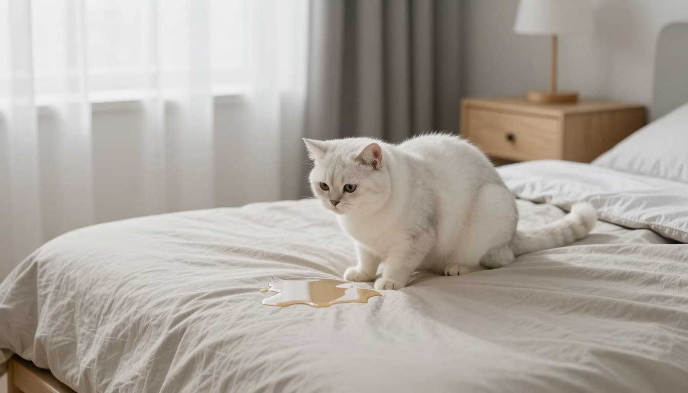 A fluffy white cat crouched in a squatting posture on a soft beige duvet in a serene Scandinavian bedroom, with a large puddle of urine nearby. Premium lifestyle photography with natural light, minimalist decor, and calm elegant mood.