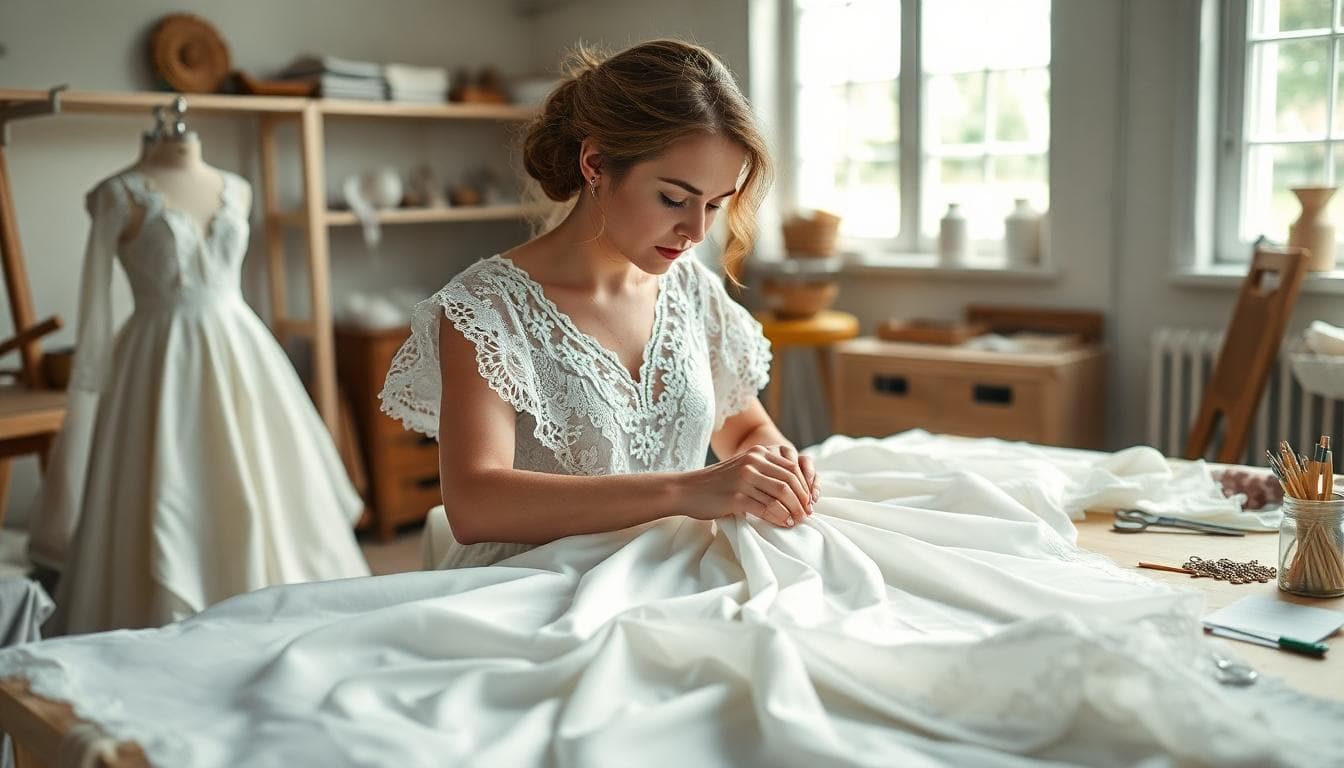 Atelier lumineux, couturière concentrée, patron ouvert, dentelle et mousseline prêtes pour la coupe