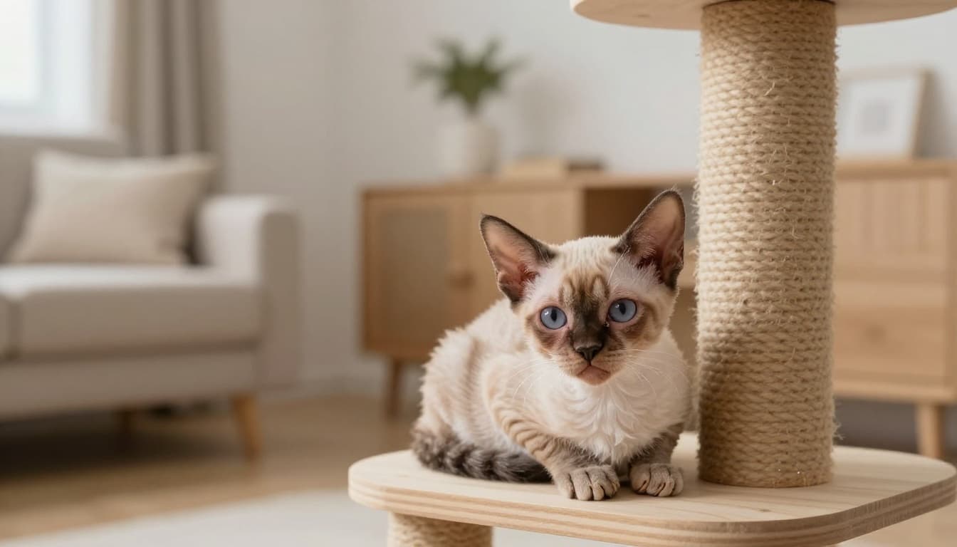 A fragile kitten showing coryza symptoms like crusty nose, watery eyes, and lethargic pose, curled up near a stylish wooden cat tree in a warm Scandinavian living room with natural light and minimalist decor.