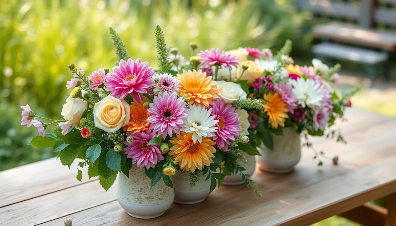 Composition de fleurs locales de saison en style bohème, pivoines, dahlias, cosmos et feuillages sur une table en bois, lumière douce de fin d’après-midi