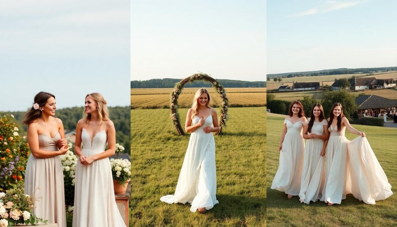 Trois scènes de mariages bohèmes en France, du micro-mariage au grand cortège, avec différents nombres de demoiselles d’honneur. Image created with AI