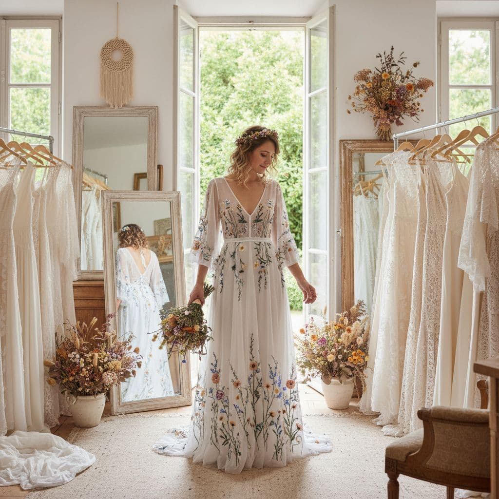 Essayage robe de mariée bohème dans un atelier lumineux, avec différentes coupes visibles en arrière-plan