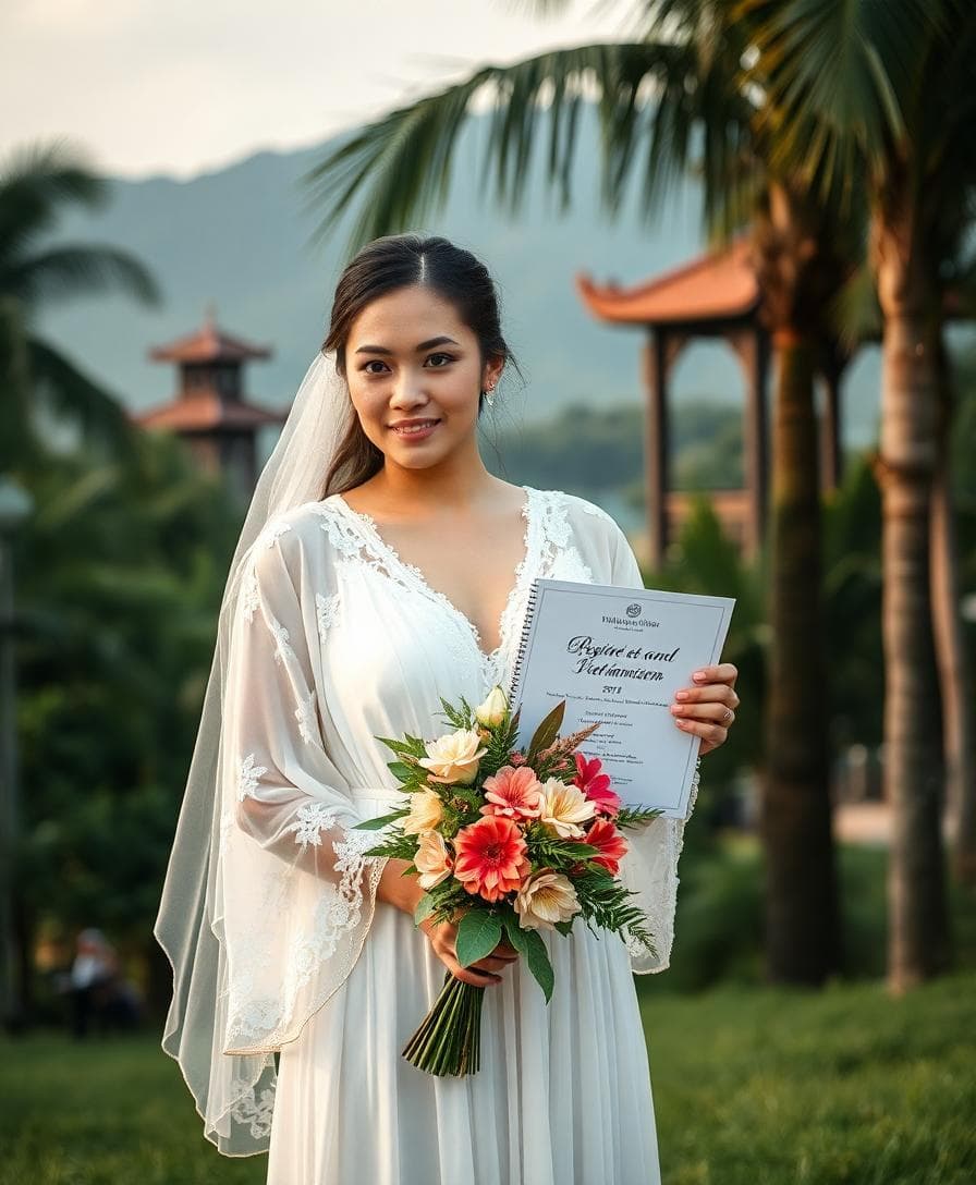 Mariée française en robe bohème tenant un registre de mariage vietnamien, pagode et palmiers en arrière-plan