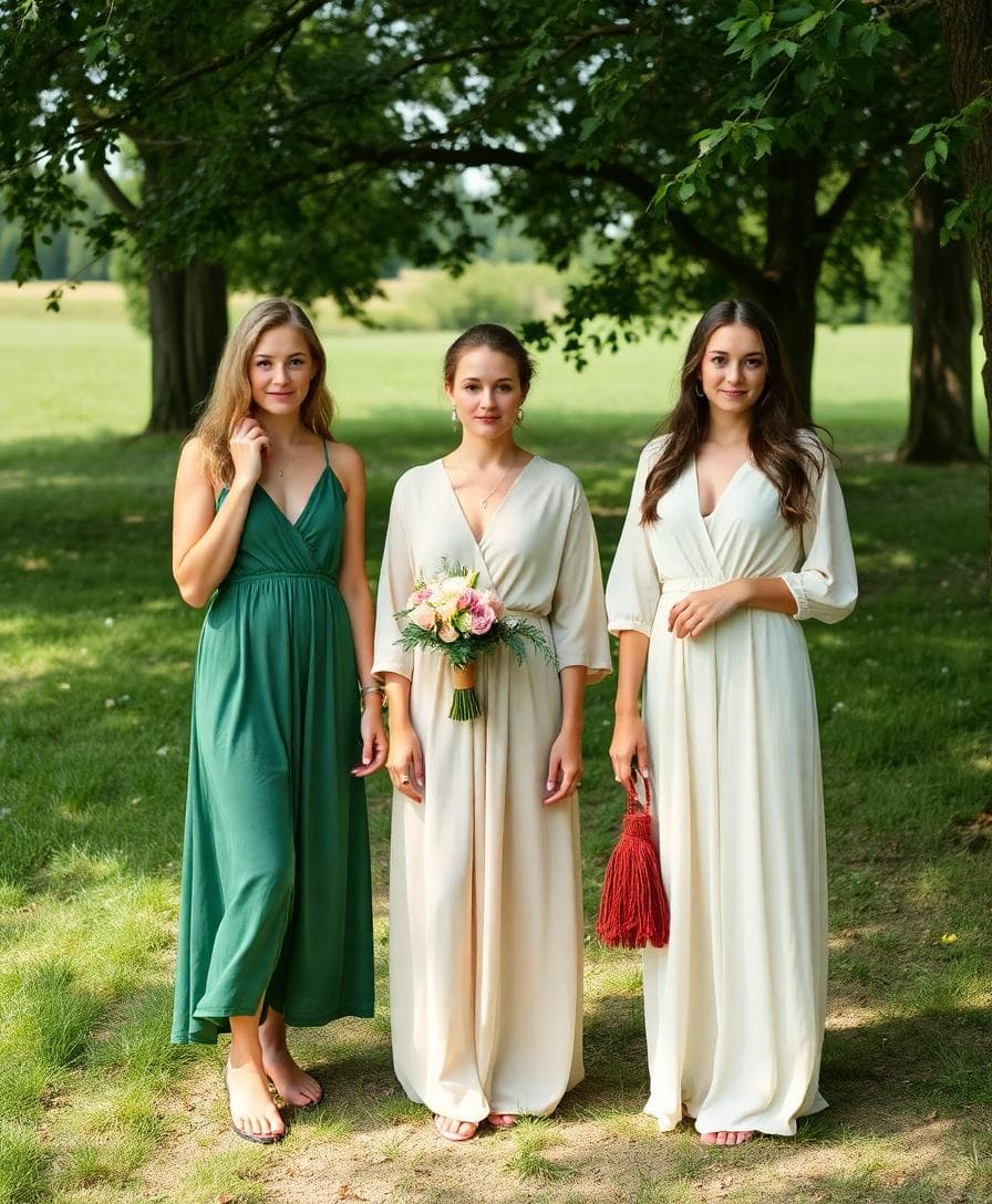 Demoiselles d’honneur en vert sauge et écru, robes mi-longues, ambiance champêtre en lumière filtrée. Image created with AI