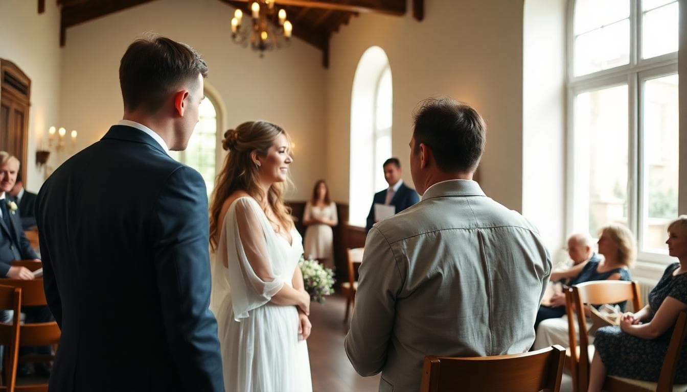 Mariage civil à l’intérieur d’une mairie française, couple face à l’officier d’état civil, ambiance intime et lumineuse. Image created with AI
