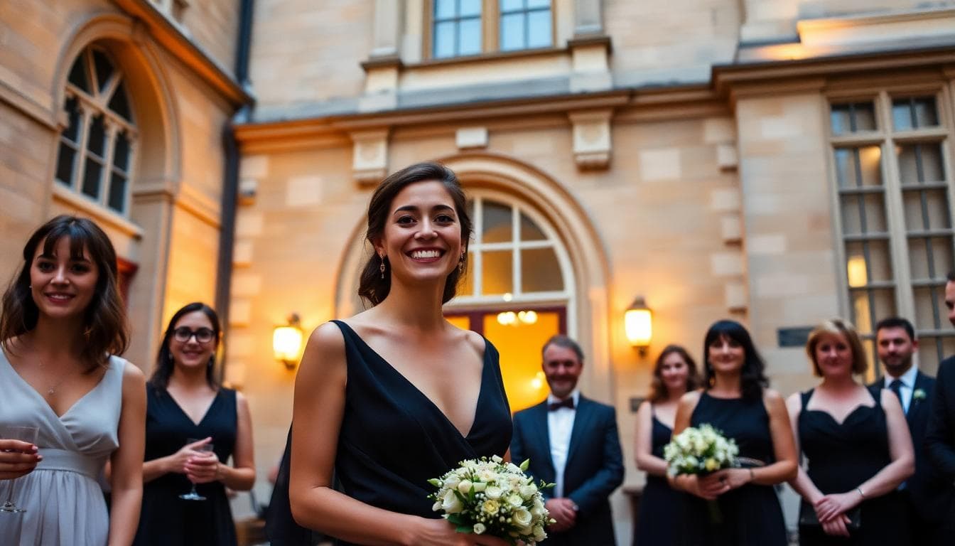 Une scène élégante d'un mariage civil à la mairie en France, avec une invitée portant une robe noire sophistiquée et fluide, entourée d'autres invités en tenues décontractées chic, architecture classique de la mairie en arrière-plan, ambiance joyeuse et lumineuse