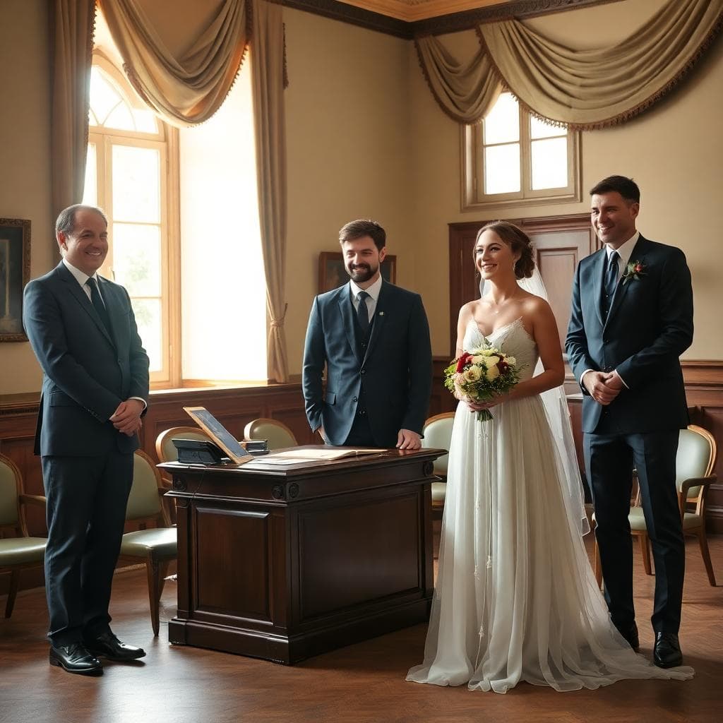 Mariage civil à la mairie avec témoins, ambiance sobre et élégante, lumière naturelle
