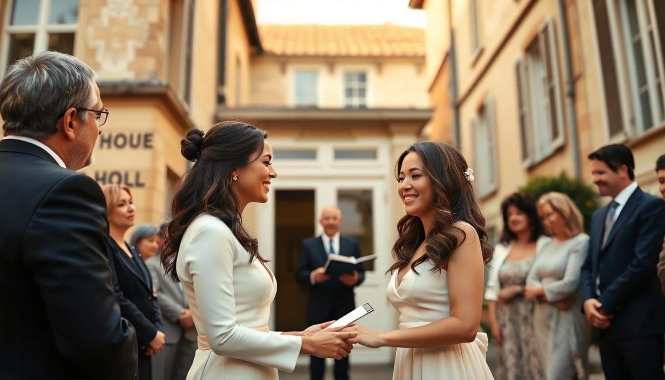 Un couple en tenue élégante mais simple debout à l'extérieur d'une mairie française, échangeant des vœux avec un officier, entouré d'un petit groupe de famille et amis, jour ensoleillé, architecture classique en arrière-plan, tons chauds, style réaliste, atmosphère romantique et officielle, sans texte, visages détaillés montrant la joie, ratio d'aspect paysage.