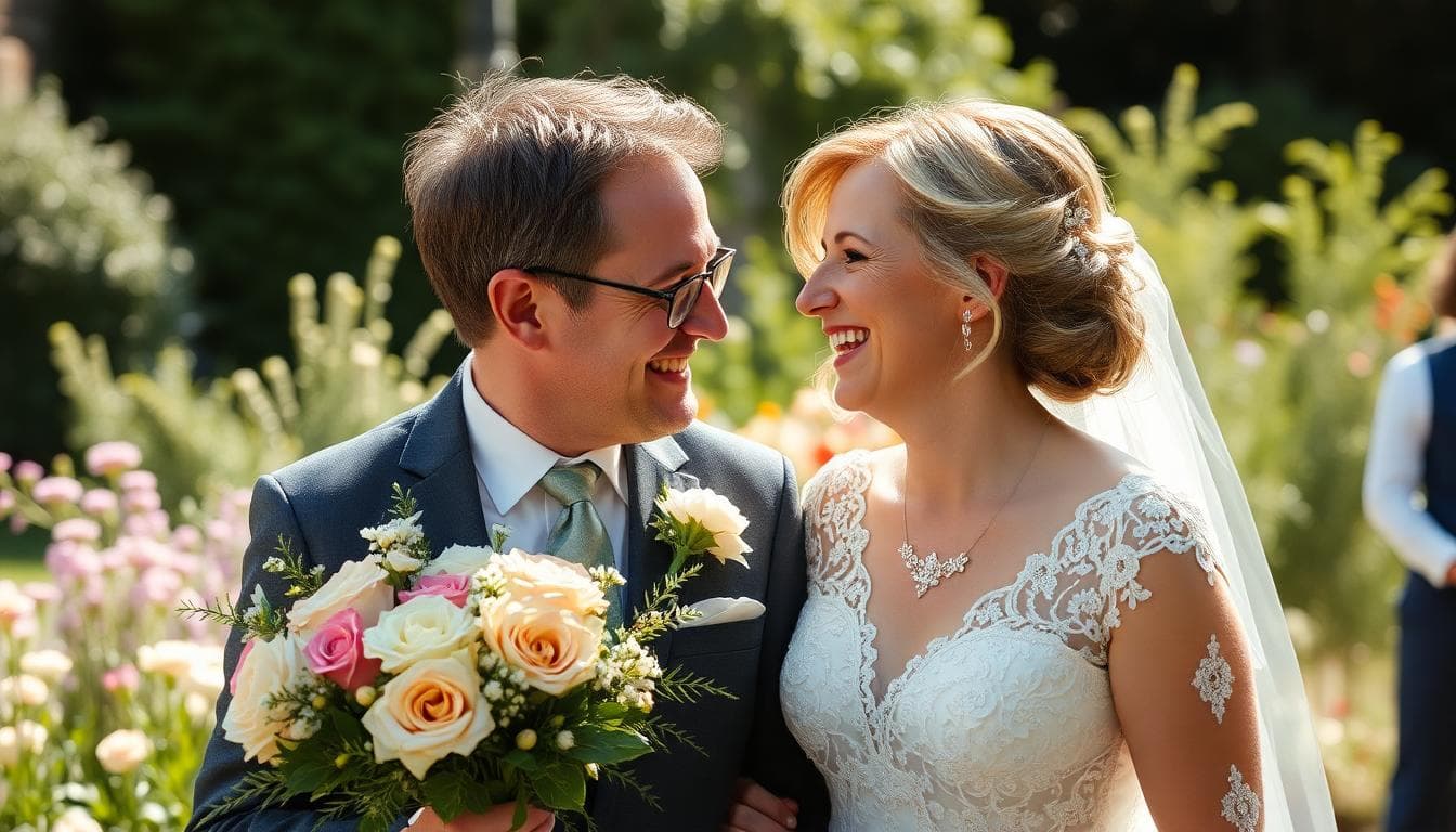 Une scène chaleureuse de famille lors d'un mariage en France, avec un frère et sa sœur partageant un moment émouvant, entourés de fleurs et de joie