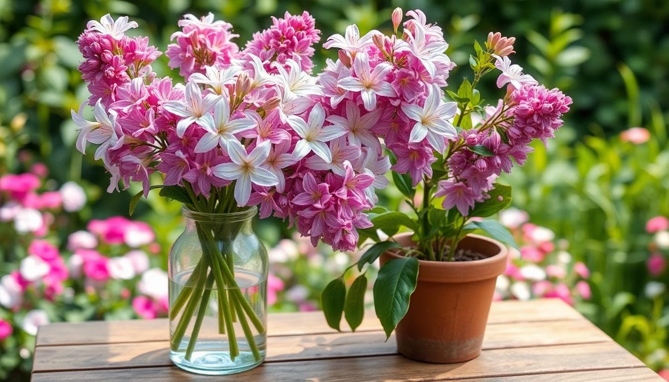 Bouquet de lilas et jeune arbuste en pot sur une table de jardin
