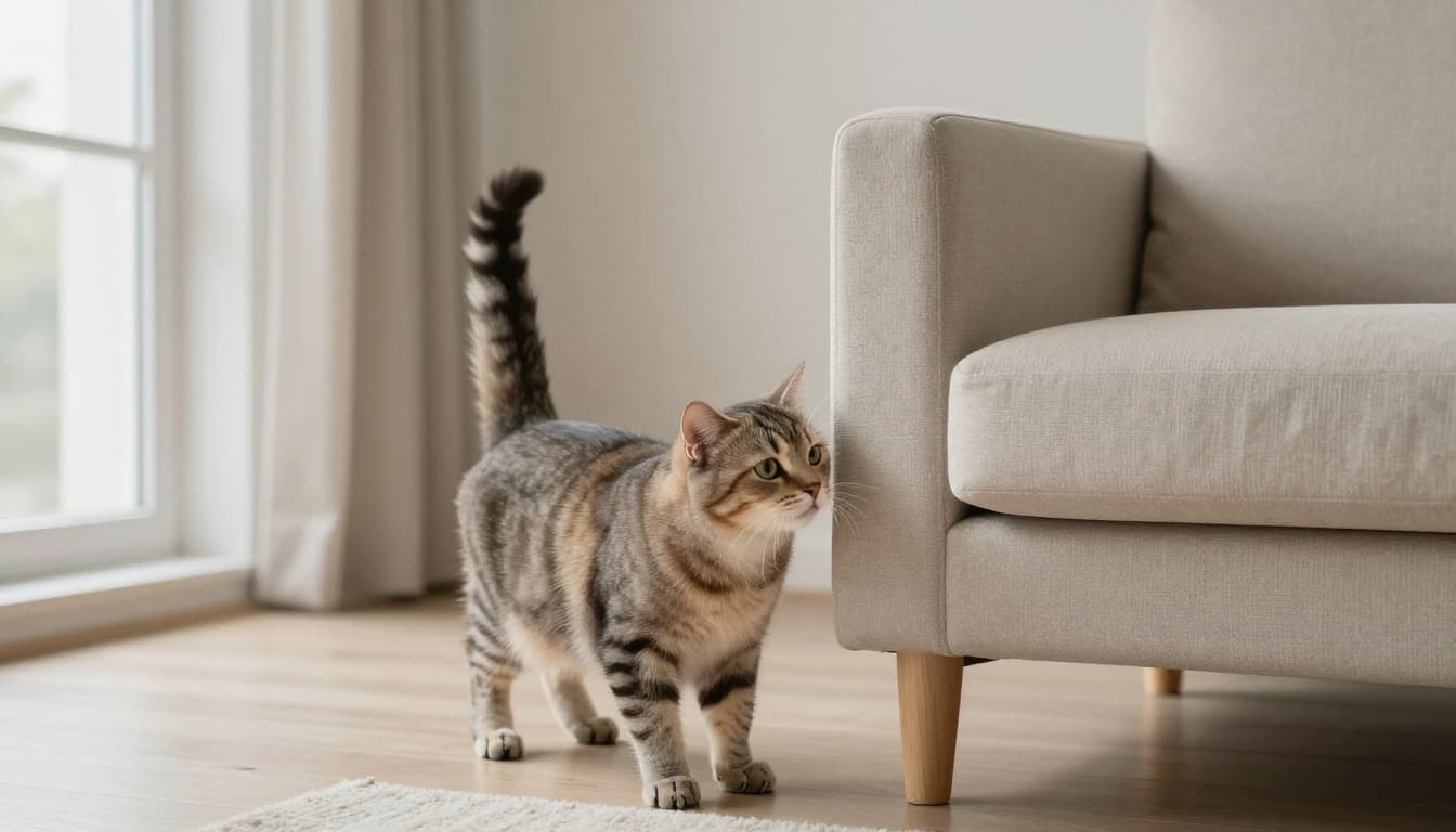 A friendly domestic shorthair cat with a soft expression meows gently towards a person entering a bright Scandinavian living room, tail straight up and rubbing against a light wood sofa leg amid minimalist decor and natural light.