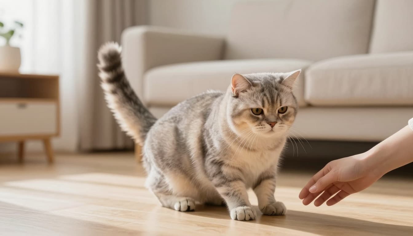 A beautiful domestic cat with soft fur displays frustration in a bright Scandinavian living room, tail flicking sharply and ears flattened while tense near a human hand on light wooden floor with minimalist beige sofa and natural light.