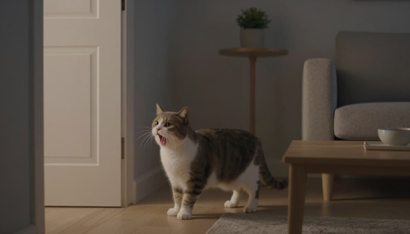 A cat meows in frustration with mouth open, ears back, and agitated tail, standing before a closed door in a cozy Scandinavian living room at night. Dim lighting highlights light wood furniture, neutral beige-gray tones, minimalist warmth, and an elegant cat tree in the background.