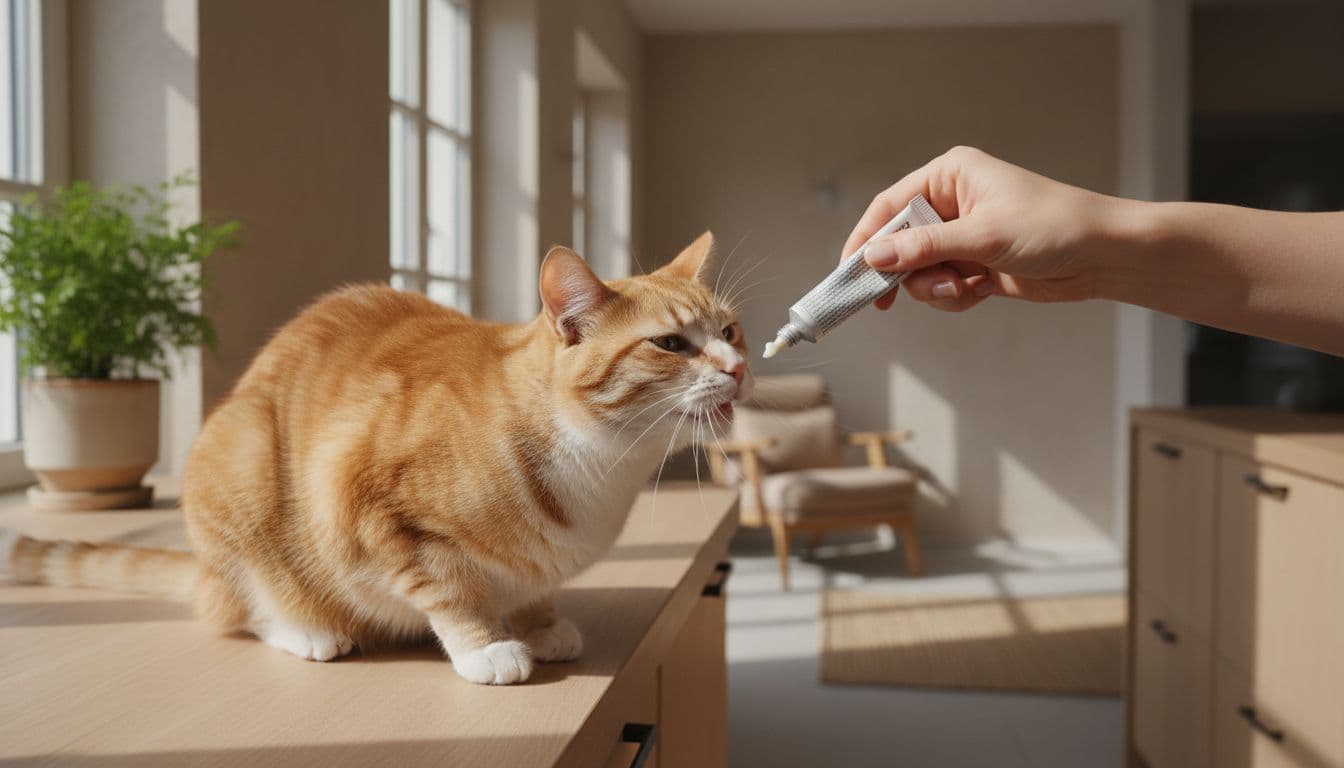 A person's hand gently administers deworming paste to a calm cat's mouth on a countertop in a bright, minimalist Scandinavian kitchen with neutral tones and wooden furniture.