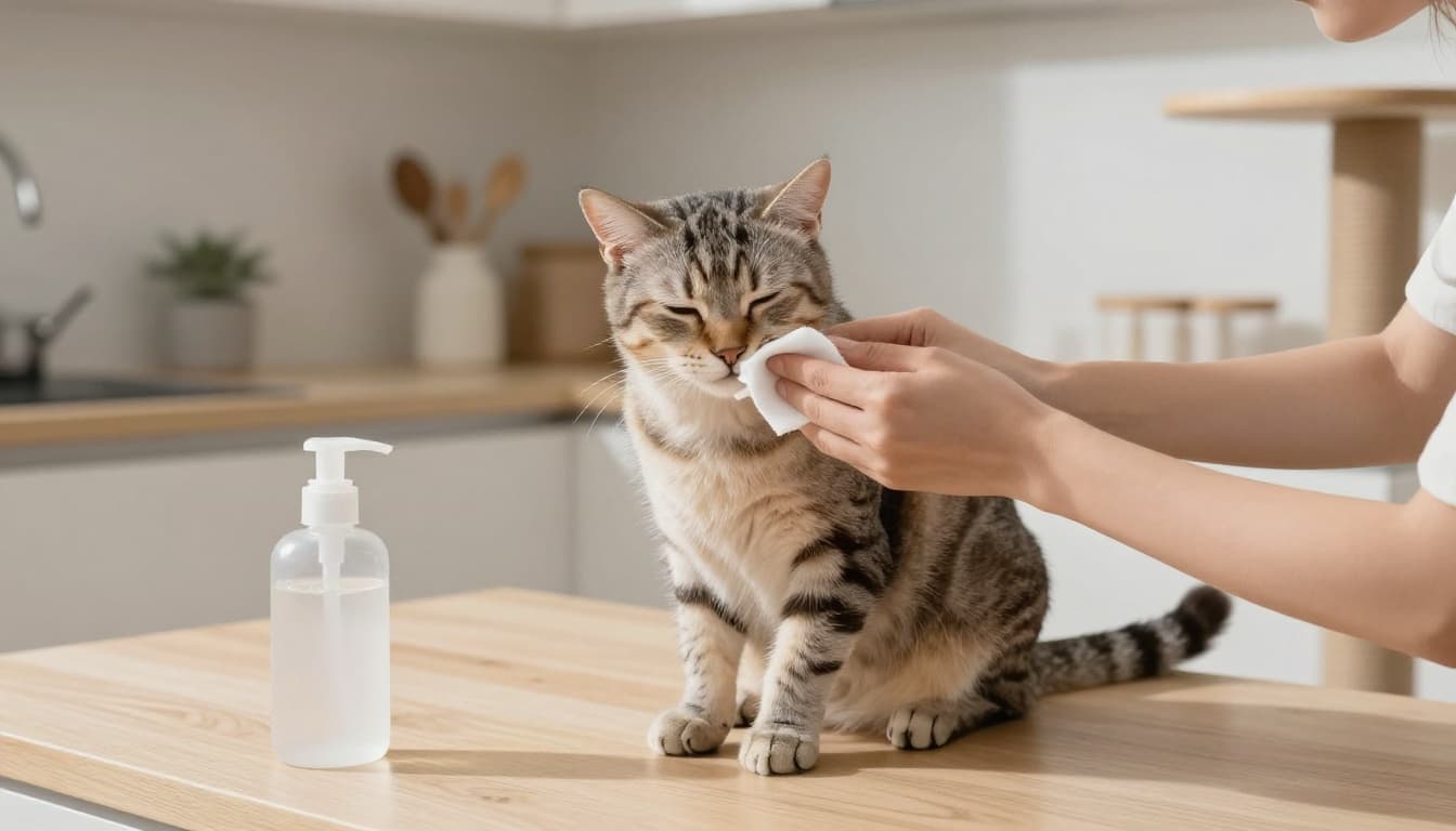 A caring owner gently cleans a calm cat's nose with a saline-soaked cotton pad on a light wooden surface in a bright minimalist Scandinavian kitchen. The scene captures relaxed pet care with natural light, soft shadows, and a premium cat tree in the background.