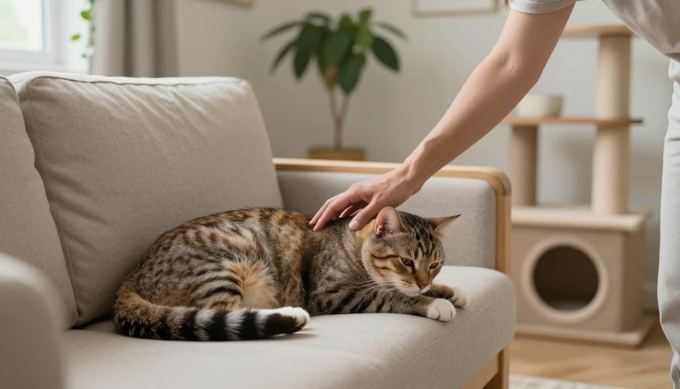 In a minimalist Scandinavian living room bathed in soft natural light, a gentle hand palpates the side of a content cat on a beige sofa to feel the ribs, highlighting the waist silhouette. Premium stable cat tree nearby, realistic high-end lifestyle photography with warm reassuring mood.