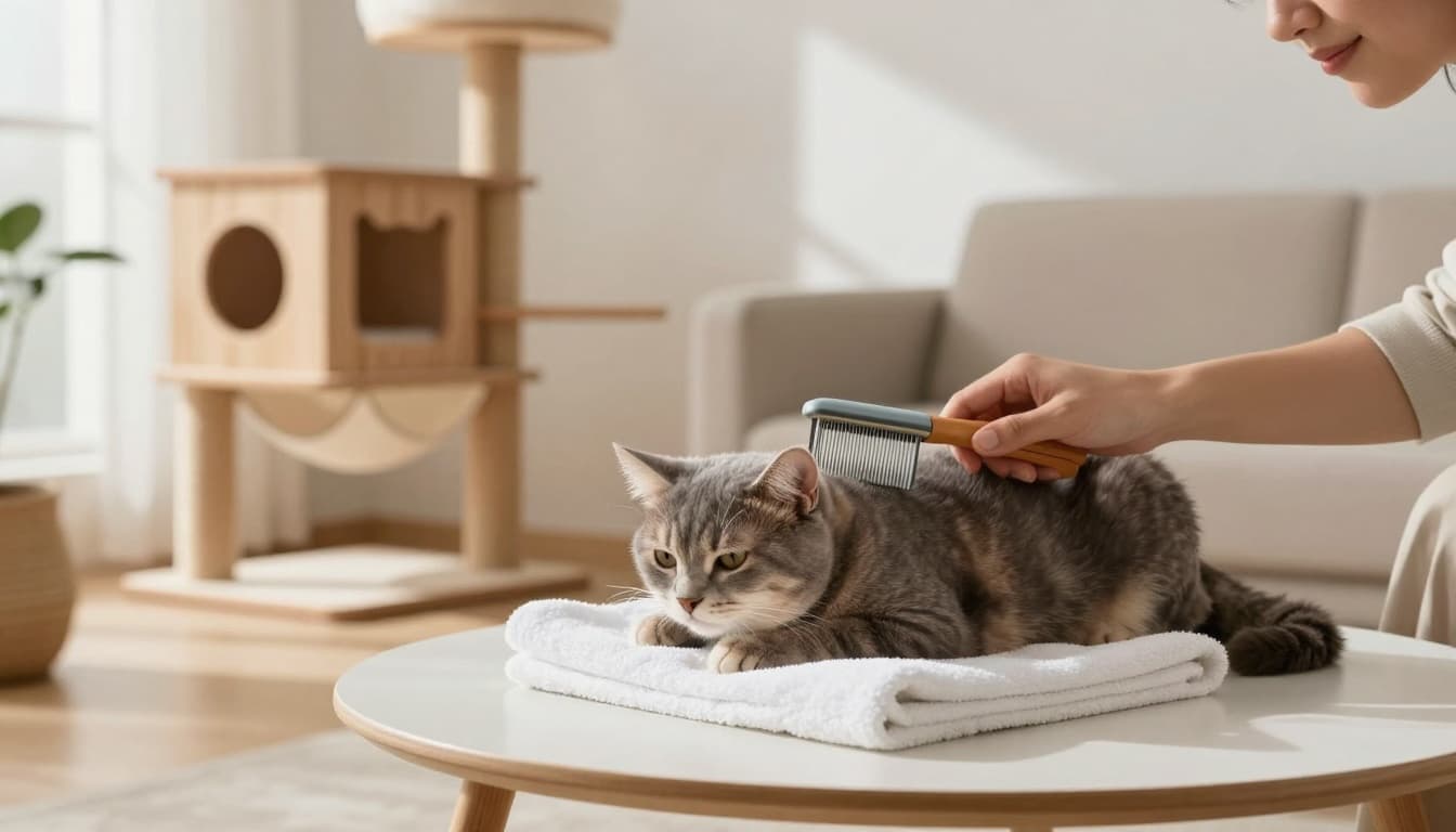 A close-up of a caring owner using a fine-tooth flea comb on a relaxed gray tabby cat's fur over a white damp towel in a bright Scandinavian minimalist living room.